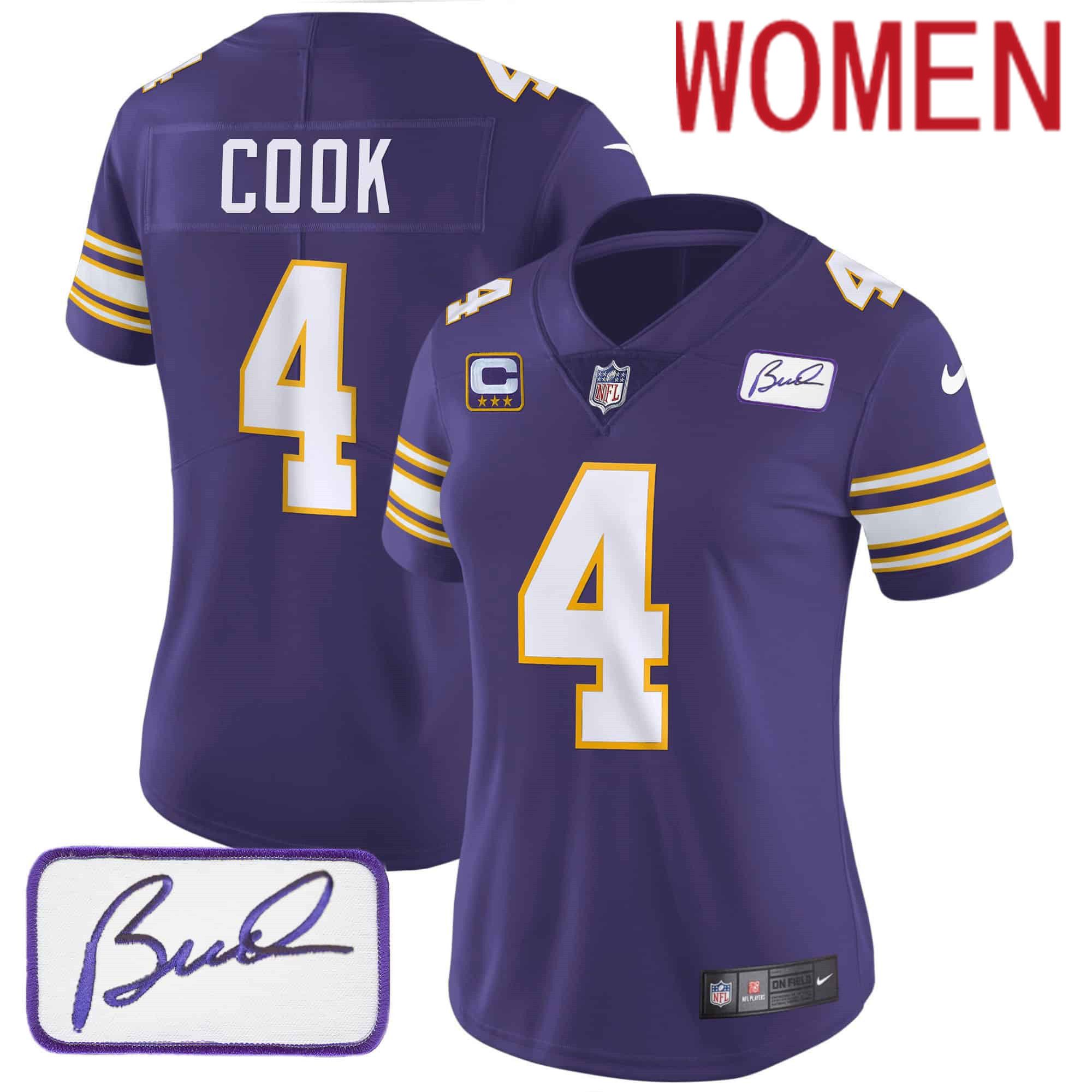 Women Minnesota Vikings 4 Cook Purple 2024 Nike Bud Grant Patch Classic Limited NFL Jersey style 1